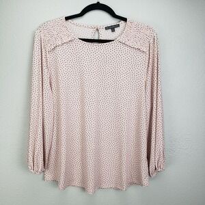 Adrianna Papell Women's XL Long Sleeve‎ Smocked Shoulder Blouse Pink Black Dots